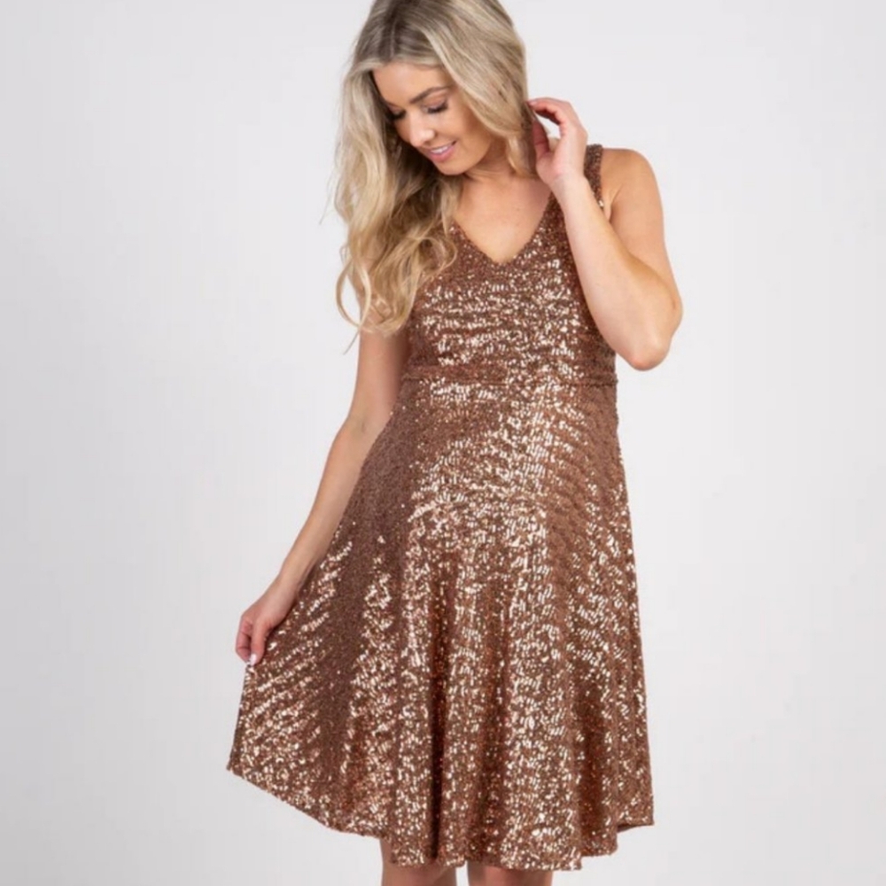 Pink blush sequin midi maternity dress Rose gold small v neck sleeveless USA NWT
